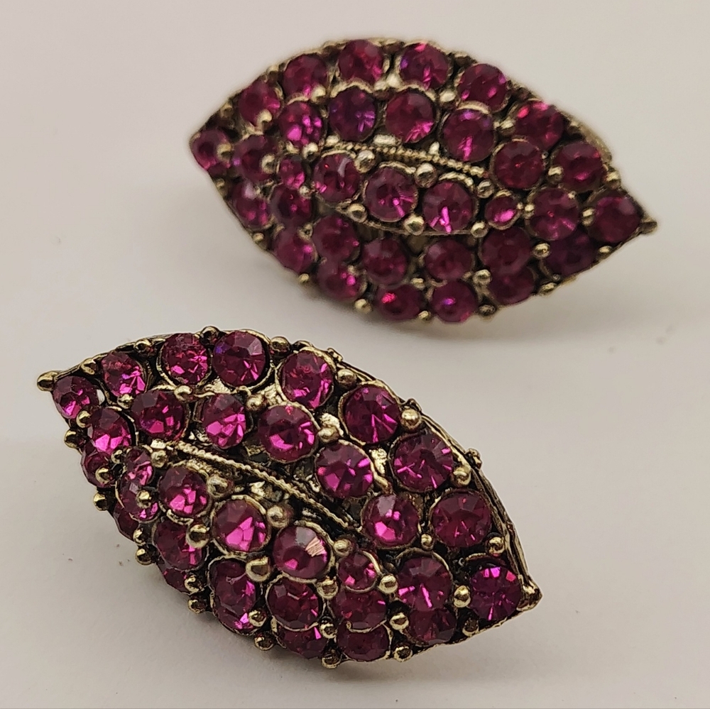 Radiant Fuchsia Crystal Leaf Pierced Earrings - Picture 3 of 15